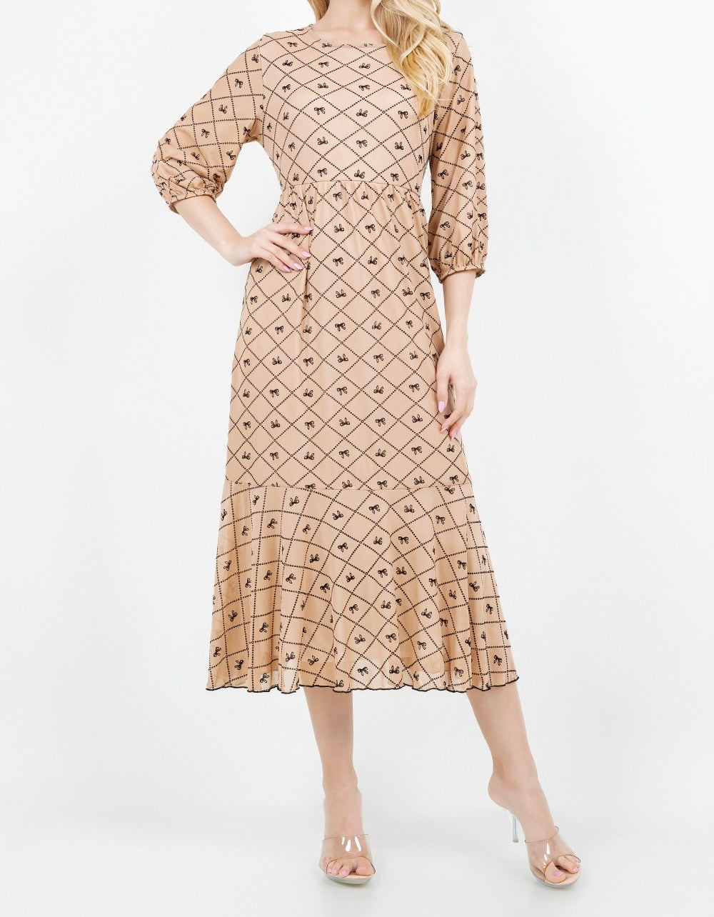 Bow Allure Dress In Beige. Sizes S - 3X