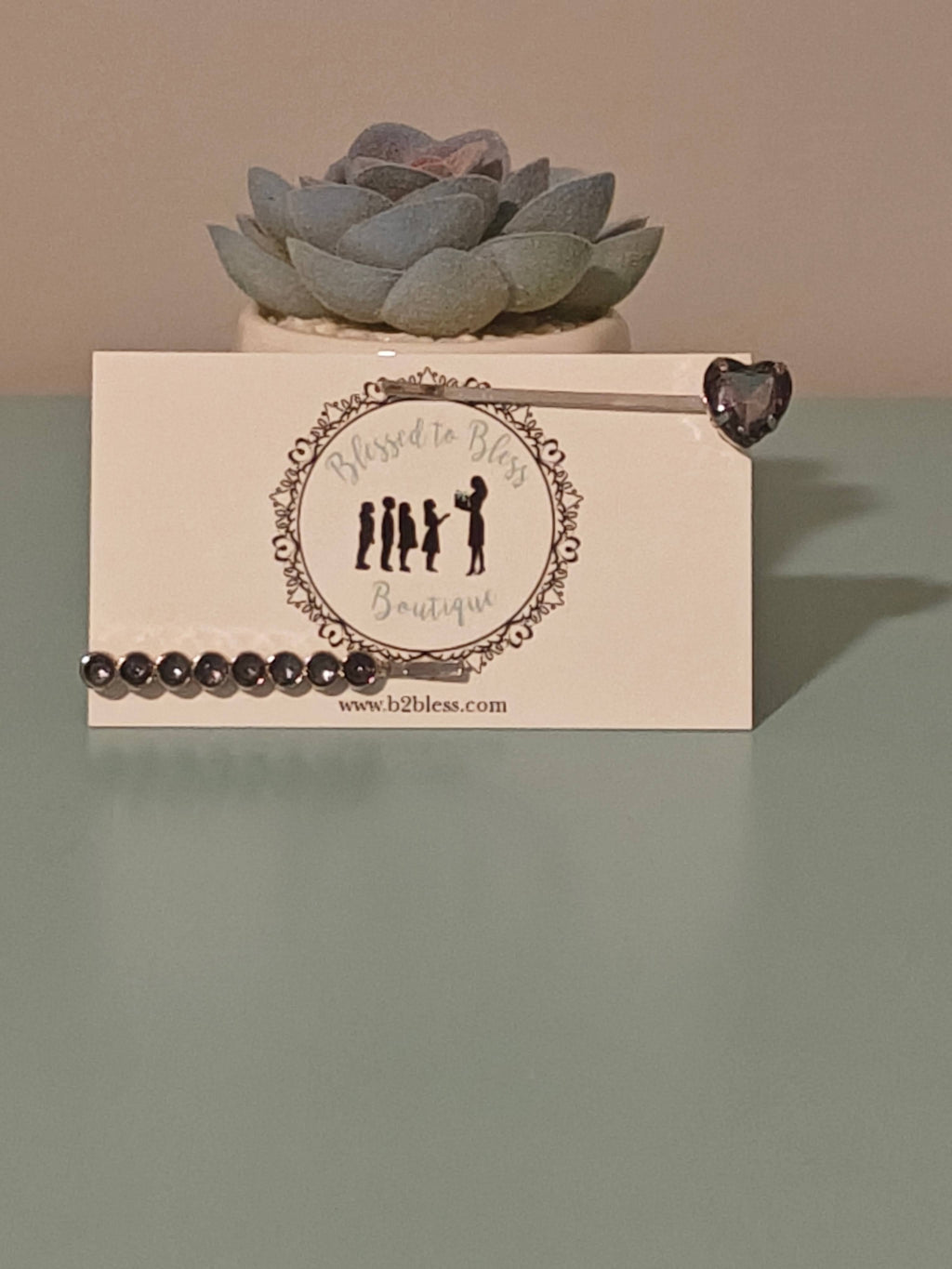 Shimmering Barrette Set in Gray - 2 Piece Set - Shimmery Jewel  Barrette - Heart Jewel Barrette