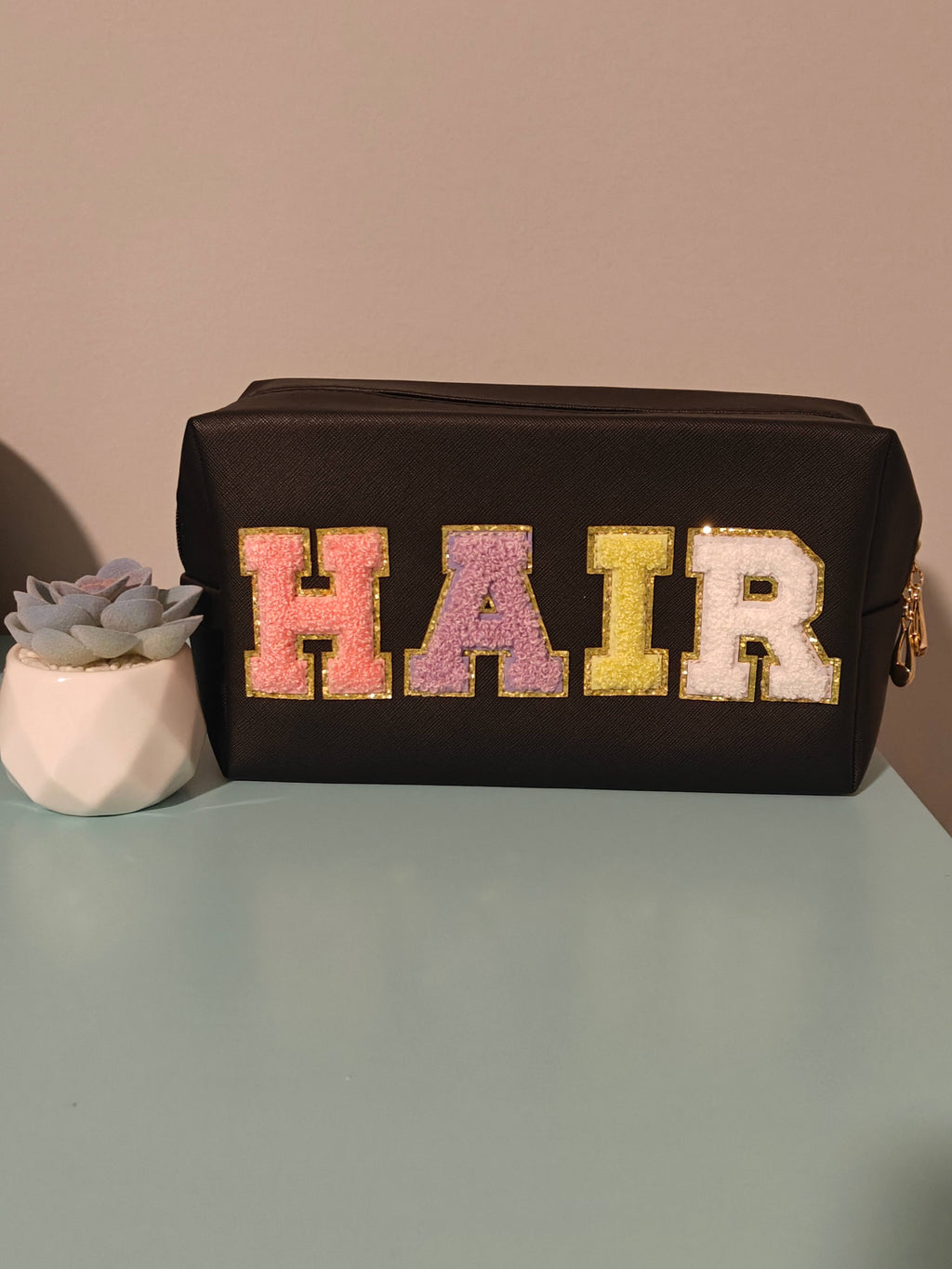 Hair Bag - Black with Multicolor Hair Print on One Side of Bag - Two Zippers