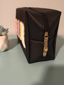 Side View of Hair Bag - Black with Multicolor Hair Print on One Side of Bag - Two Zippers