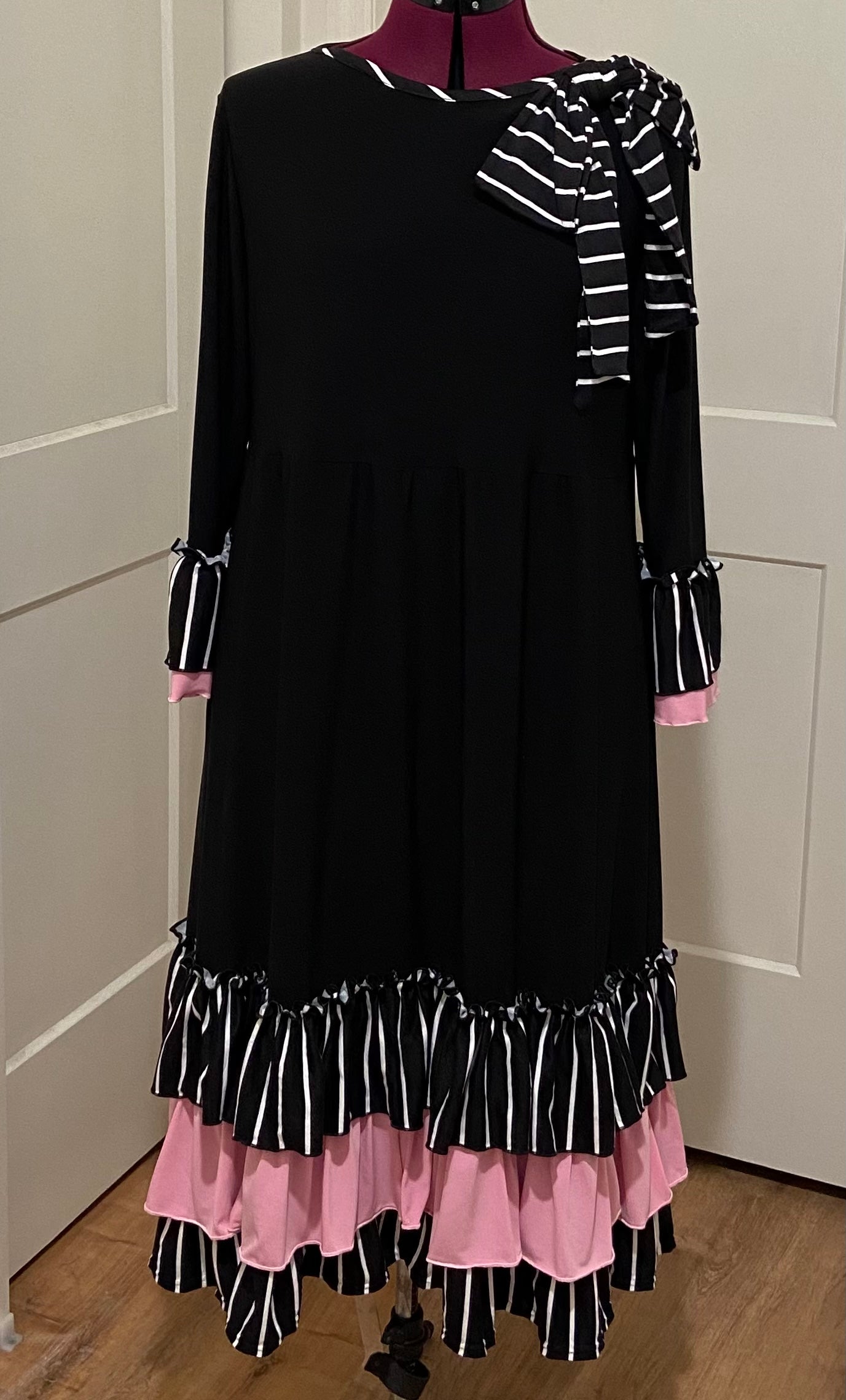 EC Emmie Exclusive Dress in Black with Pink & Stripes Trim - Not releasing - Blessed To Bless Boutique