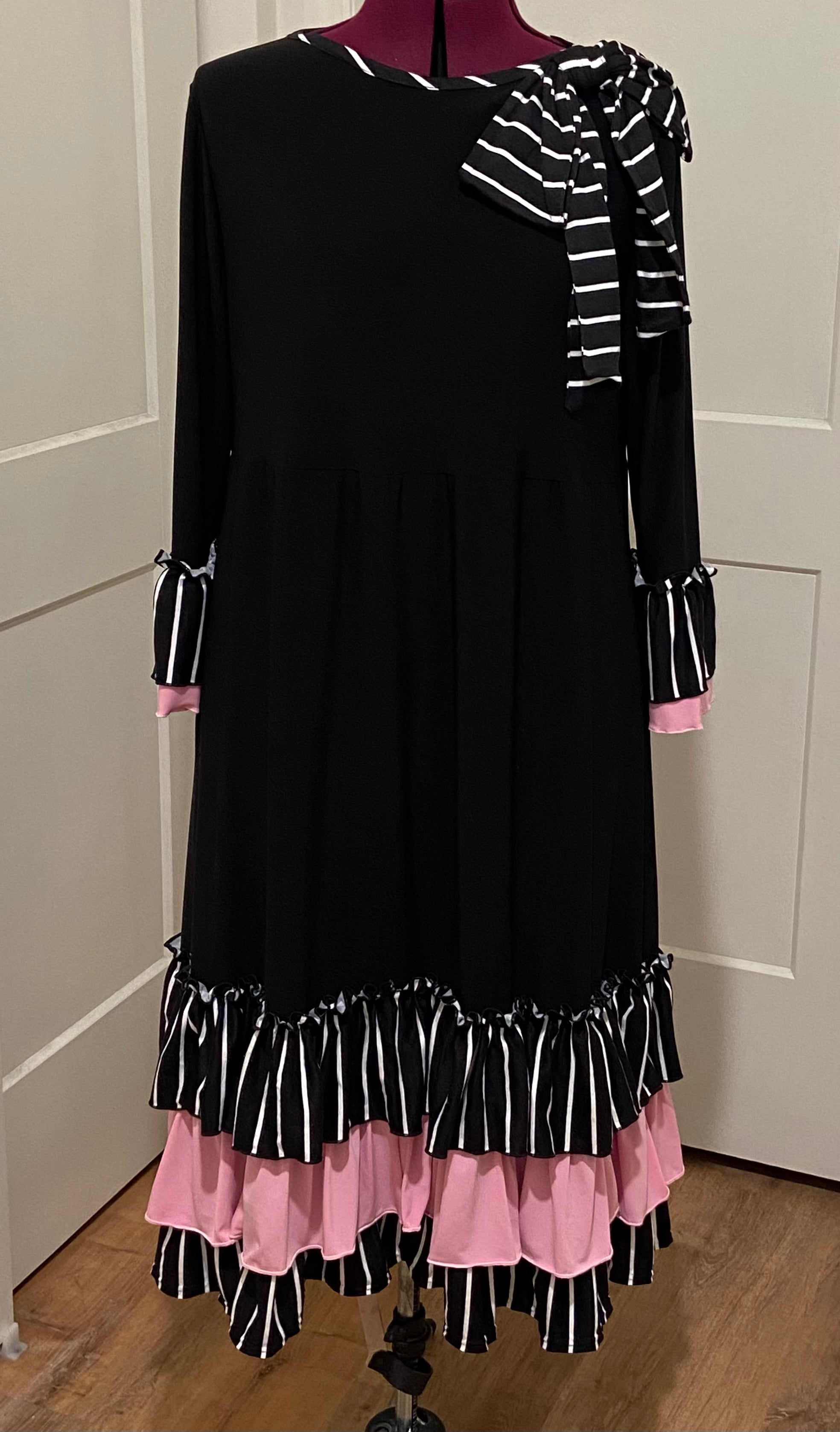 EC Emmie Exclusive Dress in Black with Pink & Stripes Trim - Not releasing - Blessed To Bless Boutique